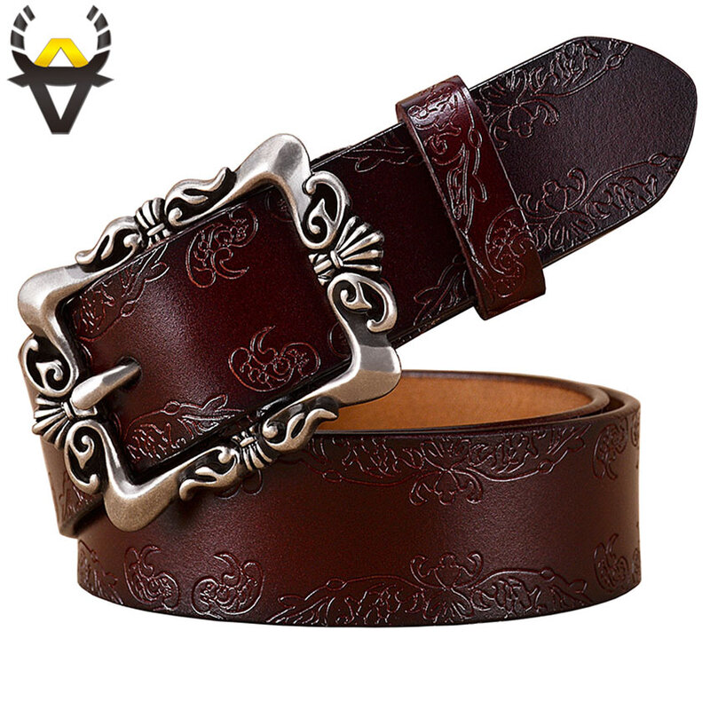 Vintage Pin Buckle Genuine Leather Belts for Women Fashion Floral Cow Skin Ladies Girdle Wide Female Strap Jeans Width 3.2 Cm
