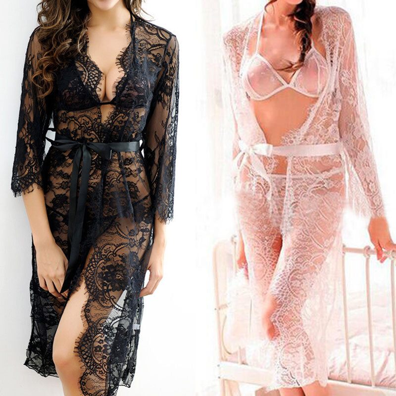 Sexy mulher transparente renda lingeirl babydoll senhoras sutiã g-string robe nightwear
