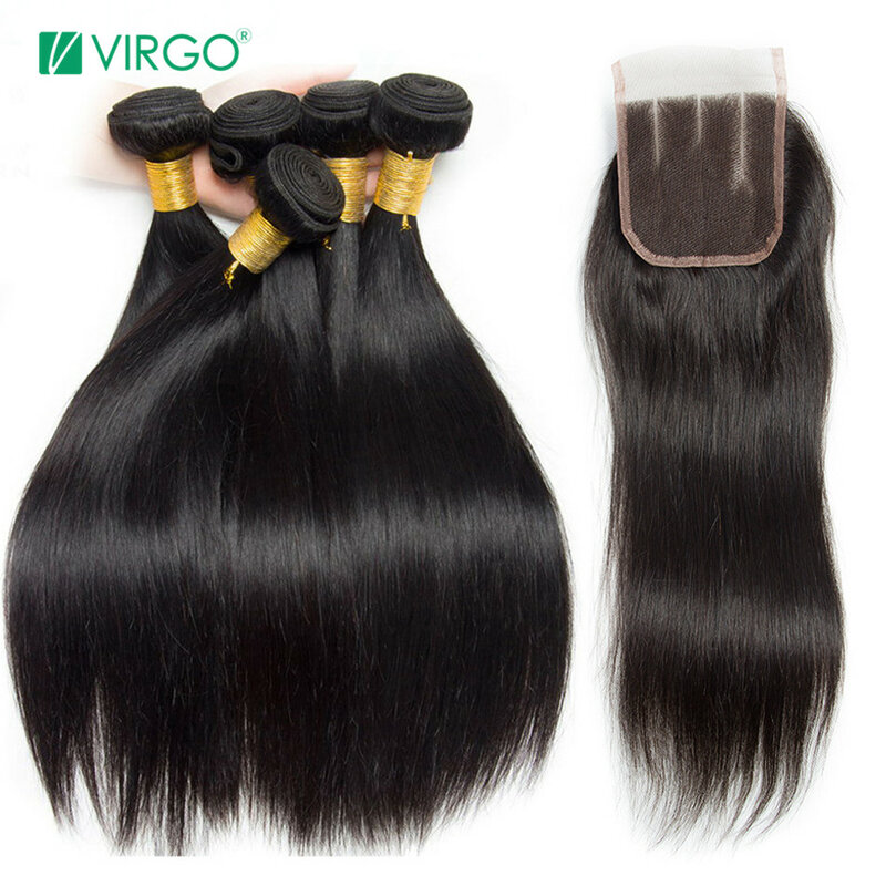 Peruvian Straight Human Hair Bundles With Closure 3 Bundles Deal With Closure 4 Pcs/Lot Virgo Hair Bundles Non Remy Middle Part