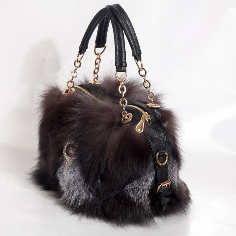 女性のための本物のキツネの毛皮のハンドバッグ,夕方に着用する高級デザイナーバッグ,本革製