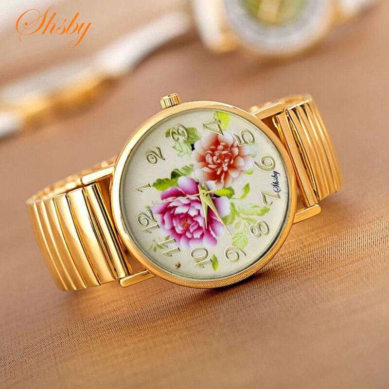 Shsby baru Elastis stainless jam tangan wanita jam tangan Emas gelang jam kasual jam tangan bunga berwarna Cerah gadis jam tangan