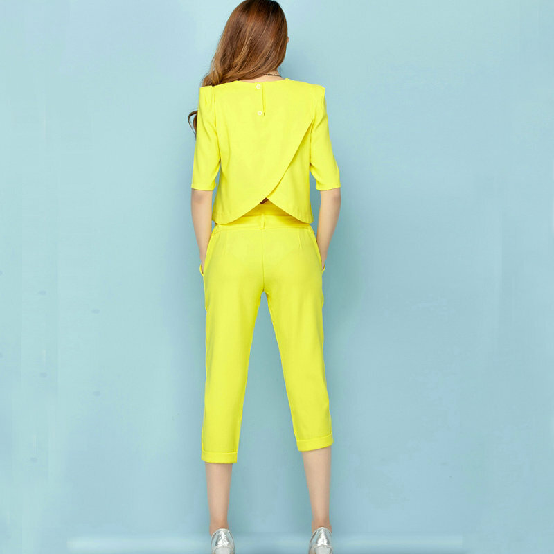 Conjunto de ropa de trabajo para mujer, traje de 2 piezas formado por Jersey corto y Top con botones y pantalón largo hasta la pantorrilla, 2018