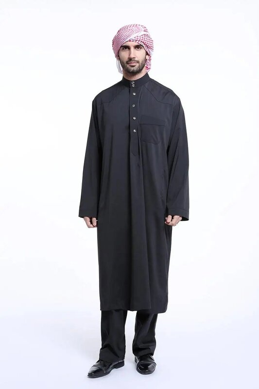Dubaj Arabski Islamski Muzułmanin Męski Jubba Thobe Odzież Długa Szata 2-częściowy Zestaw Topy i Spodnie Saudi Musulman Ensembles Wear Outfits