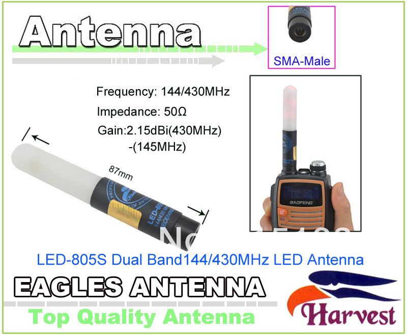 Antena uv5r com conector macho e uv5r, antena de led de banda dupla original para rádio baofeng, 2014