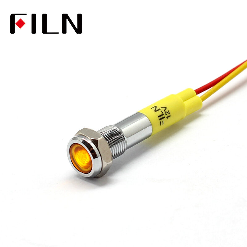 Filn 6 ミリメートルミニ 12 ボルト LED 金属インジケータライトフラット信号ランプ黄赤 20 センチケーブル