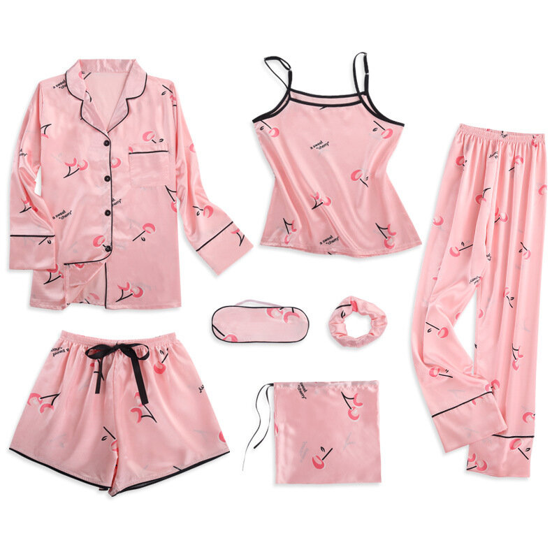 여성용 스트랩 잠옷 세트, 새틴 실크 란제리 홈웨어 잠옷 세트, 핑크 잠옷, 7 피스