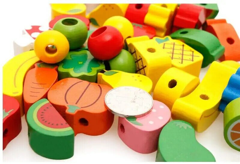 Fruit building block forma cognitiva threading madeira vestir corda jogo educativo das crianças brinquedo frisado