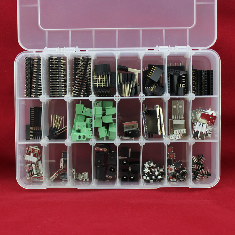 Kit de conectores eléctricos para Arduino, conectores básicos de aprendizaje, interruptor USB, Conector de CC, cabezal electrónico DIY con caja de venta al por menor