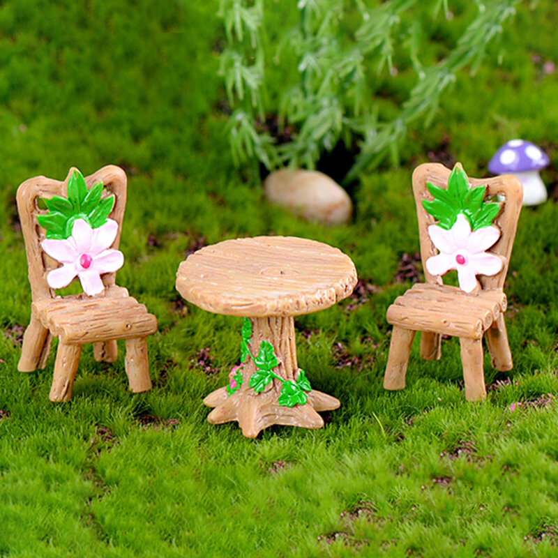 3Pcs/Set Fairy Garden Table Chair Figures Miniature Landscape Resin Ornaments Figurine For Plants Bonsai Decoration
