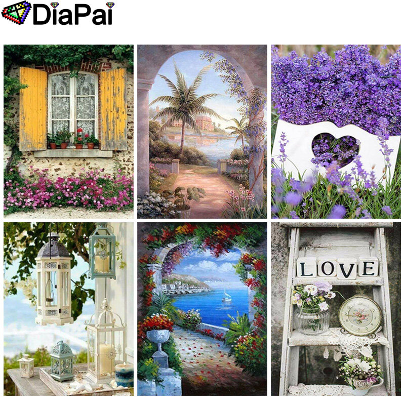 DIAPAI 5D Diy のダイヤモンド塗装 100% フル平方/ラウンドドリル「花テキスト海辺風景 "3D 刺繍クロスステッチ家の装飾