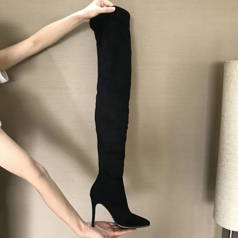 Botas de tacón alto hasta el muslo para mujer, zapatos por encima de la rodilla, de cuero de ante elástico, Sexy, invierno, 2022