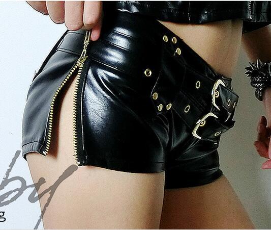 Sexy Vrouwen Shiny Faux Leather Hot Shorts Dubbele Sjerpen Laagbouw Taille Micro Mini Shorts Met Rits Open Exotische Culb dragen F33