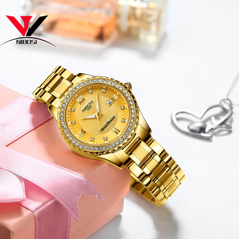 NIBOSI – montre de luxe pour femmes, en acier inoxydable, avec cristal, Quartz, or, 2018