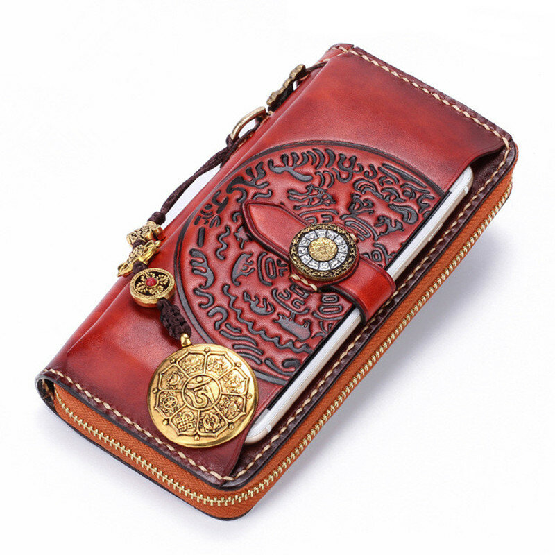 Original Frauen Männer Kuh Leder Brieftaschen Prägung chinesische Hasp Tasche Geldbörsen lange Clutch Brieftasche Karten halter Handy tasche