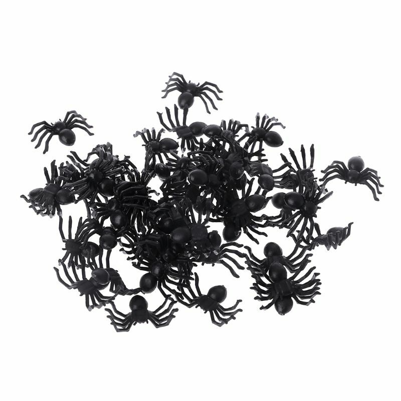 50 sztuk małe czarne plastikowe sztuczny pająk zabawki śmieszne Joke Prank rekwizyty Halloween Decor pająk zabawki