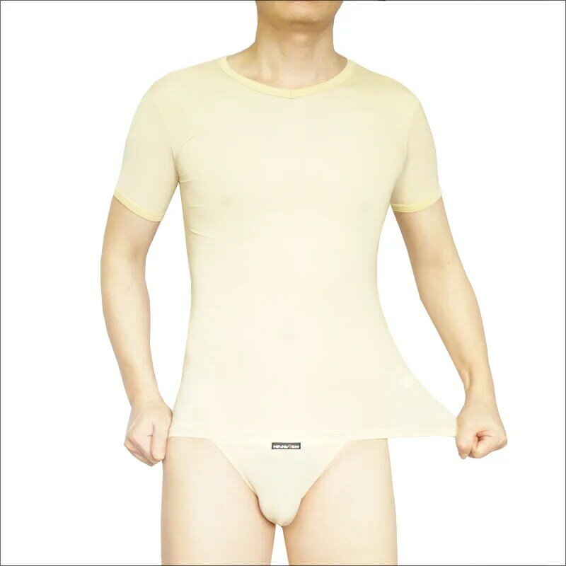 Ropa interior ultrafina transparente para hombre, conjunto de camisetas y bragas con cuello en V pequeño, pijamas finos de seda de hielo