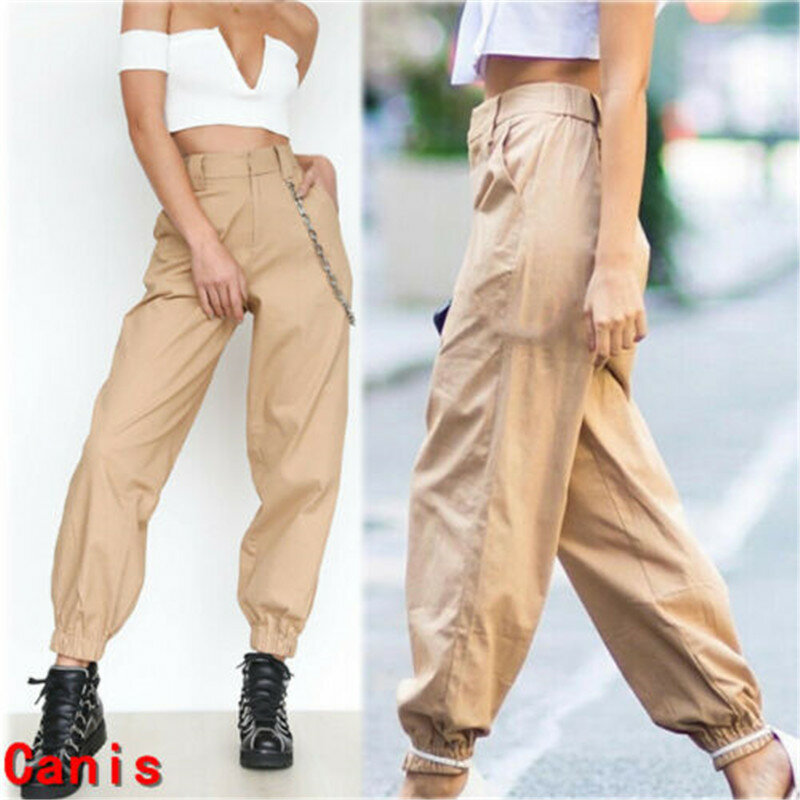 Pantalones de carga de cintura alta informales para mujer Pantalones lisos sueltos con bolsillos laterales cintura elástica