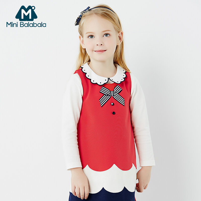 Mini Balabala Kids Cotton T-shirt Long Sleeve Shirt Top Children Toddler Girls Spring Autumn Shirt Tees with Peter Pan Collar