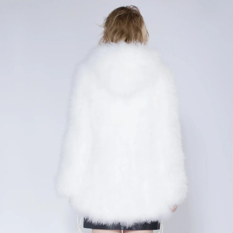 WNAORBM Fashion białe futro z indyka damskie ciepłe z długim rękawem płaszcz zimowy obwód bioder regulowane futro naturalne z kapturem