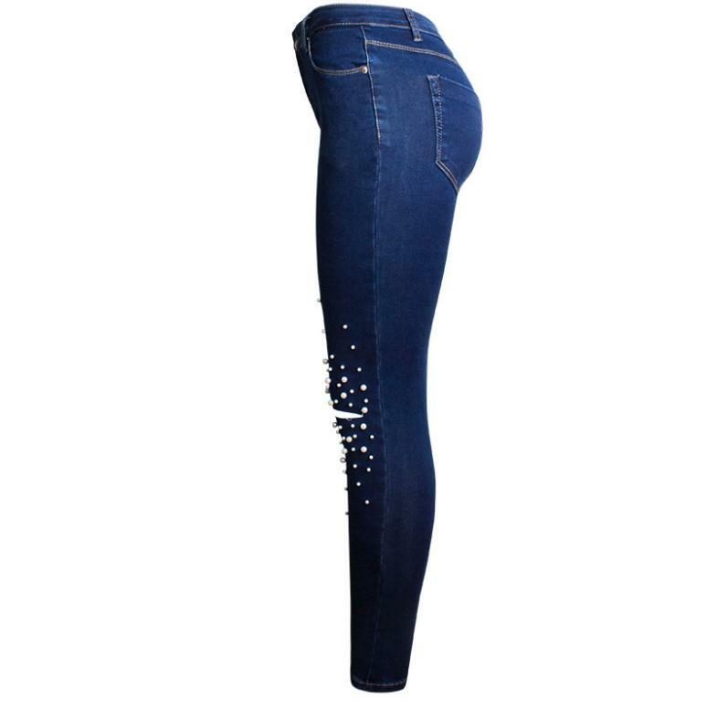 S/3Xl Womens Skinny Cintura Alta Pérola Comprimento Calça Jeans Buraco Lápis Calças Jeans Rasgado Trecho Cheio Feminino Tamanho Grande denim Pant K1005