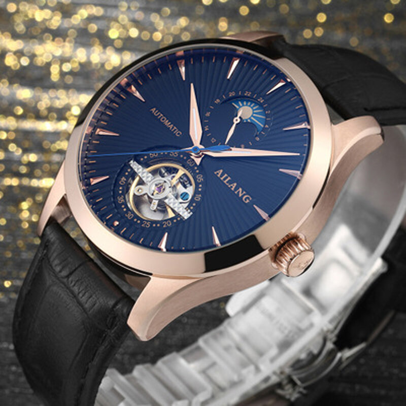 Luxury ยี่ห้อ Ailang ชายนาฬิกากลไกอัตโนมัตินาฬิกา Tourbillon นาฬิกาผู้ชายสายหนัง Sapphire ปฏิทินนาฬิกาชาย