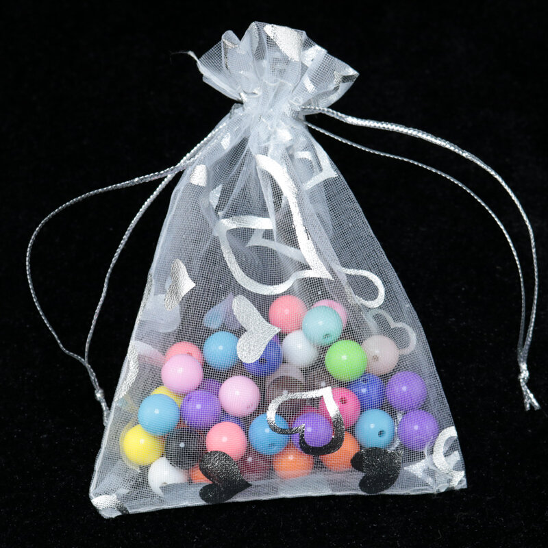 O envio gratuito de 100 pçs/lote multicolorido organza sacos 13x18cm impressão do coração doces jóias exibição embalagem sacos cordão bolsas