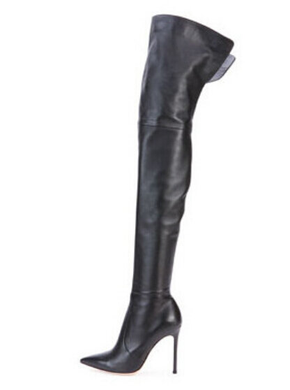 Женские зимние сапоги выше колена, на высоком каблуке, с острым носком, размеры 34-42