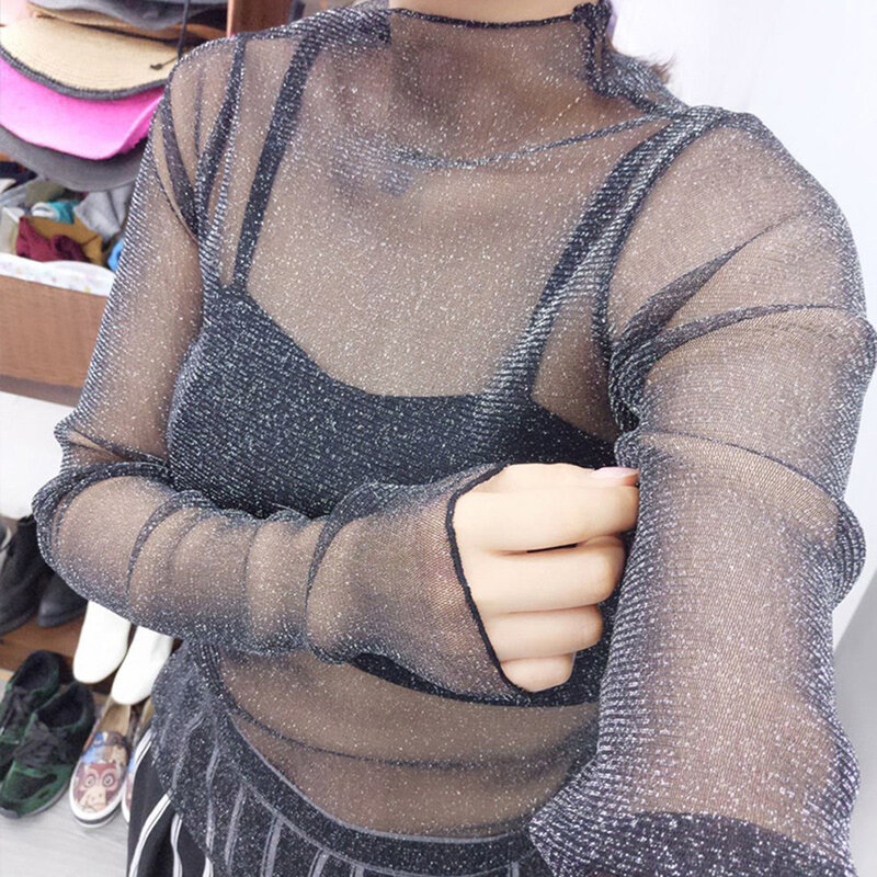 Sexy Striped Dot Print Embroidery Mesh Blouse Turtleneck Long Sleeve Shirts Hollow Out Lace Tops Polyester Mesh Shrt Perspective