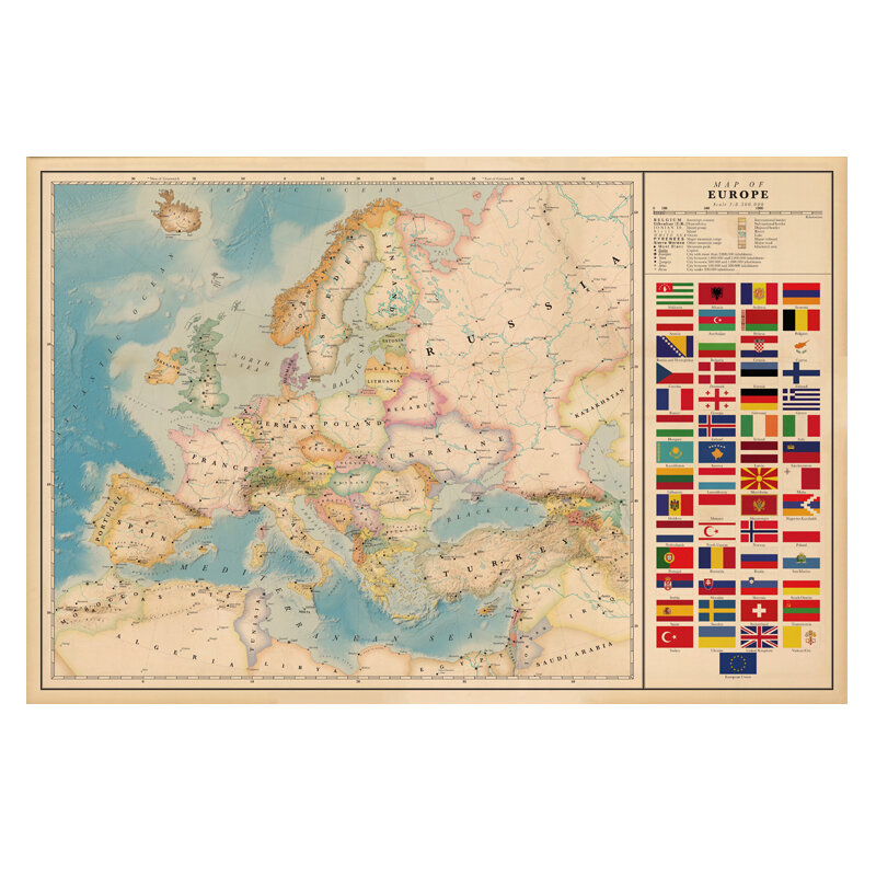 Eropa Peta dengan Bendera Nasional Poster Ukuran Dinding Dekorasi Peta Besar Eropa 80X53 Tahan Air Kanvas Peta