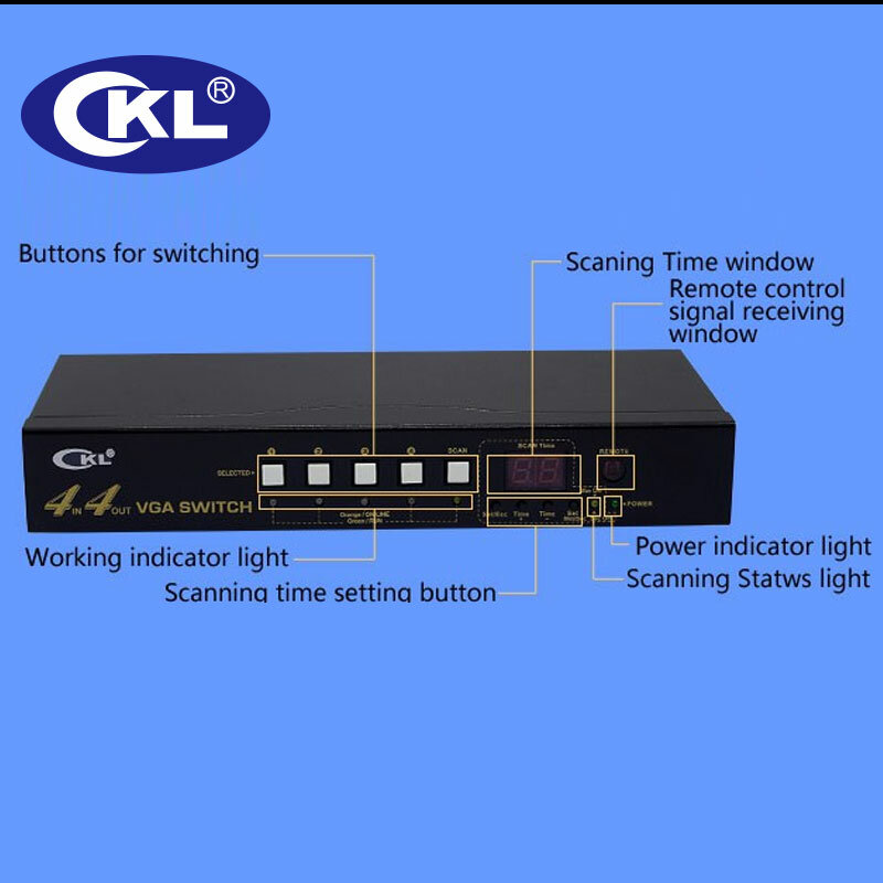 CKL-444R High-end Caixa de Interruptor VGA Splitter com áudio 4 em 4 fora 2048*1536 450 MHz para PC Monitor wih RS232 Controle Remoto IR