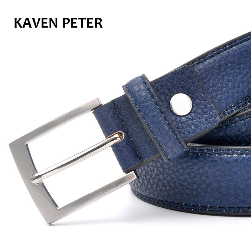 Cinturón de piel de vaca azul para hombre, accesorios de moda, pretina para pantalones, cinturón de Metal plateado