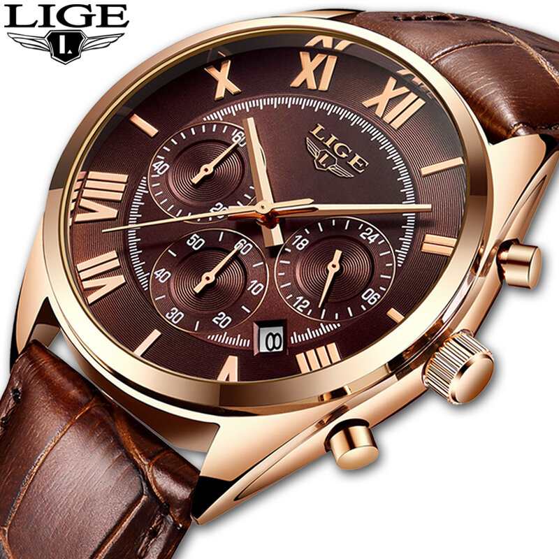 LIGE-reloj deportivo de lujo para hombre, cronógrafo de cuarzo, resistente al agua, 24 horas, de cuero marrón, 2023