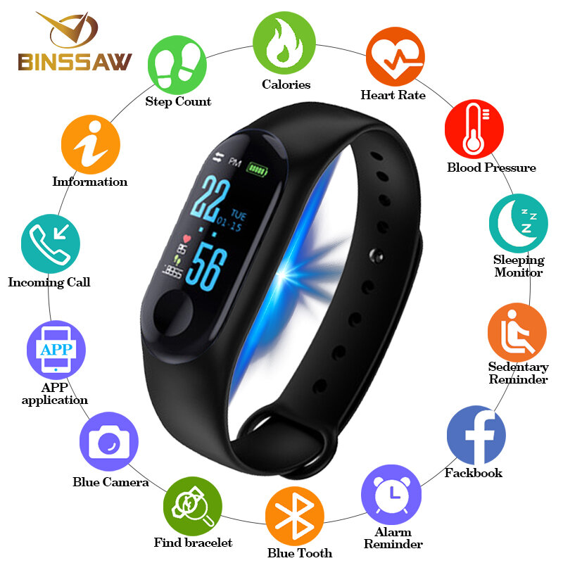 BINSSAW-Reloj de pulsera inteligente deportivo para hombre, mujer y niño, resistente al agua, con Bluetooth, control del ritmo cardíaco y de la presión sanguínea