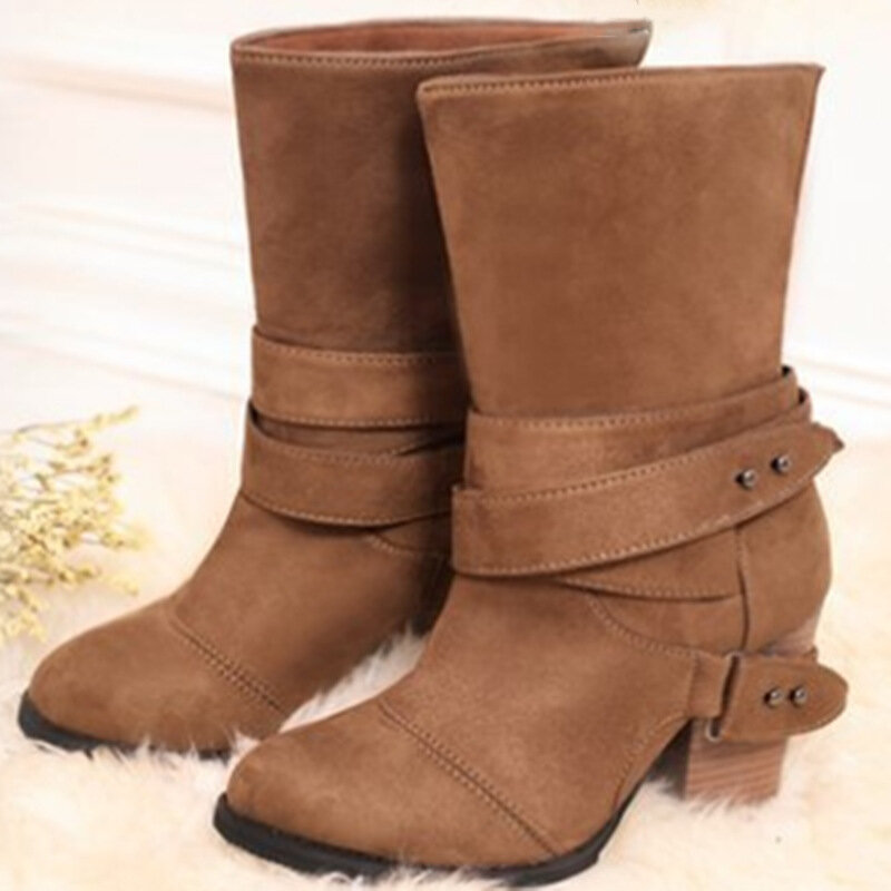 Botas de mujer de moda de punta redonda botas de invierno cómodas de tacón cuadrado Flock zapatos de mujer cinturón decoración botas de media pantorrilla Martin