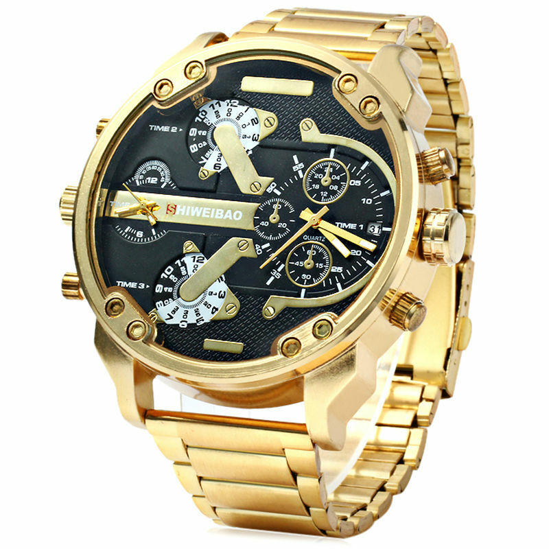 Shiweibao 남성용 쿼츠 시계, 골든 스틸 시계 밴드, 듀얼 타임 존, 밀리터리 손목시계, 스포츠 브랜드, 신제품