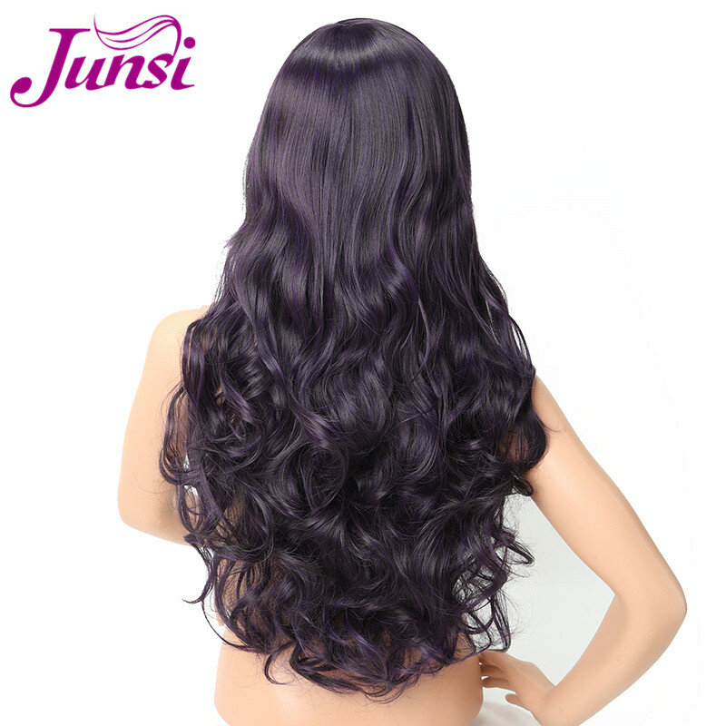 JINSI Long negro mezcla de morado pelucas para mujer con flequillo 26 pulgadas pelucas sintéticas rizadas para mujer peluca