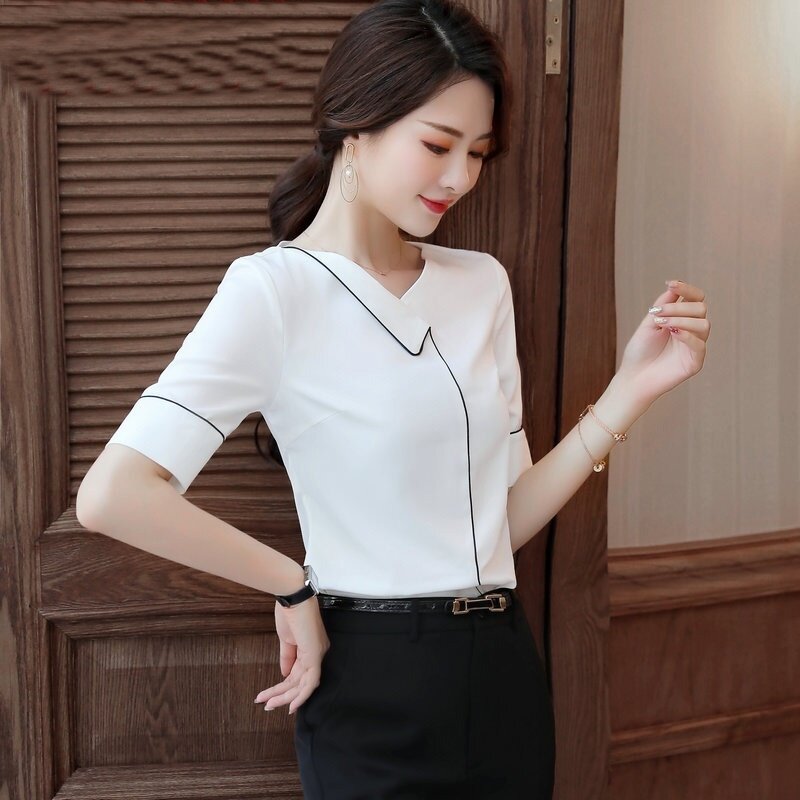 Kobiety topy lato 2019 koreański ubranie biurowe panie biznes koszula kobiet z krótkim rękawem białe damskie topy i bluzki DD2182