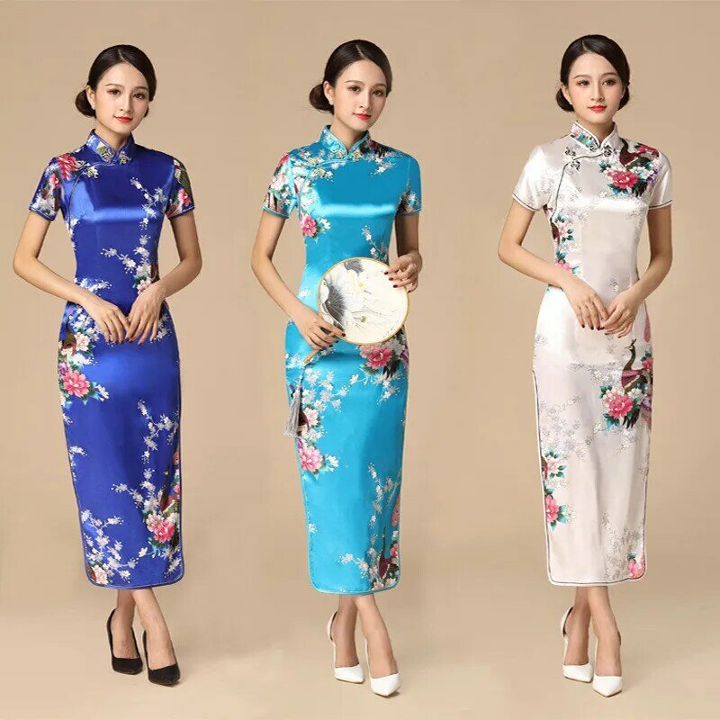 꽃 & 공작 여성 중국어 번체 드레스 빈티지 만다린 칼라 Qipao 오버 사이즈 롱 슬림 Cheongsam 3XL 4XL 5XL 6XL