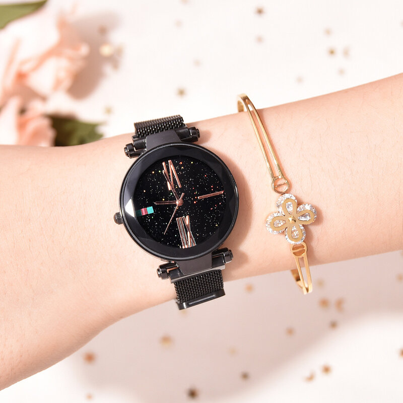Starry Sky นาฬิกาผู้หญิงแม่เหล็กทองคำสีกุหลาบเหล็ก Watchband แฟชั่นผู้หญิงควอตซ์นาฬิกาข้อมือนาฬิกาโรมันตัวเลข Reloj Mujer