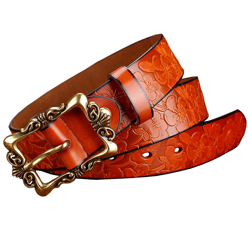 Cinturones de cuero genuino con hebilla de Pin Vintage para mujer, moda Floral de piel de vaca, faja ancha para mujer, ancho de 3,2 Cm