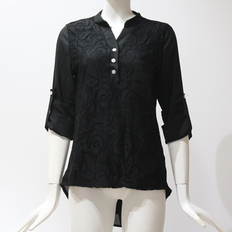 Blusa de encaje de manga larga para mujer, blusa holgada básica con cuello en V, talla grande 2XL, invierno y otoño, 2018