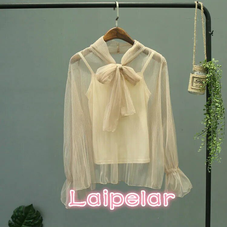 Женская блузка с длинным Расклешенным рукавом, летние сетчатые прозрачные Рубашки, Топы, блузки, сексуальные женские рубашки с бантом из двух предметов, Laipelar
