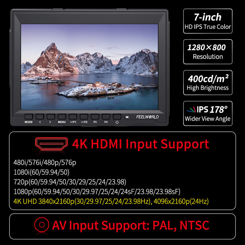 FEELWORLD-Monitor de campo para cámara DSLR FW759, pantalla LCD IPS HD de 7 pulgadas, 1280x800, con entrada HDMI AV, asistencia para cámara de vídeo portátil