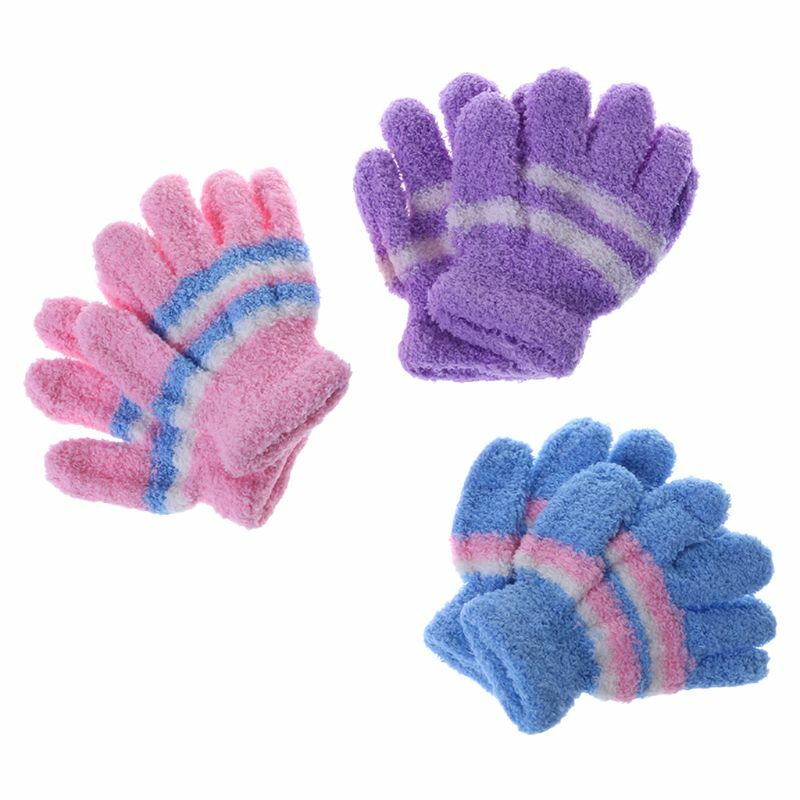 1 Pair Baby Gloves Warm Winter Full Finger Thermal Coral Fleece Kids Boys Girls Colorful Stripe Soft Elastic Solid