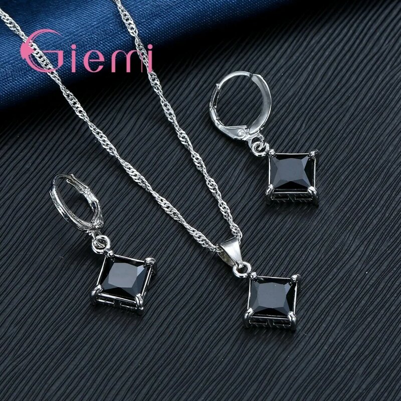 Novo estilo 925 conjuntos de joias de cristal de prata esterlina quadrado zircônia cúbica brincos de argola colar para mulheres joias de festa