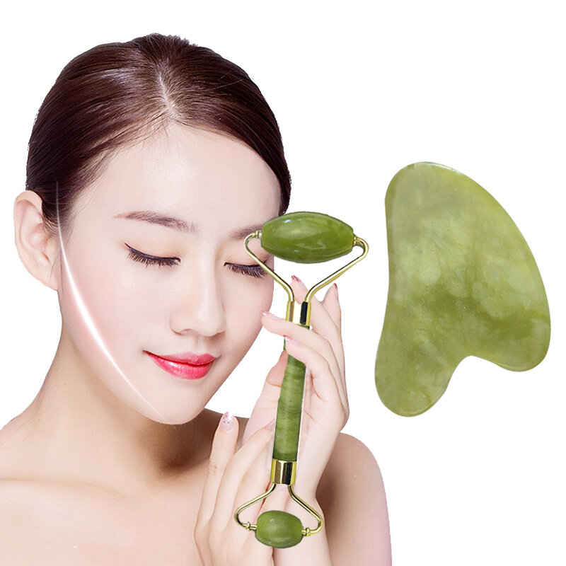 2PCS Facial Massage Roller Massager Health Care Natural Jade Board Scraping Tool Facial Care Lift Tool Set