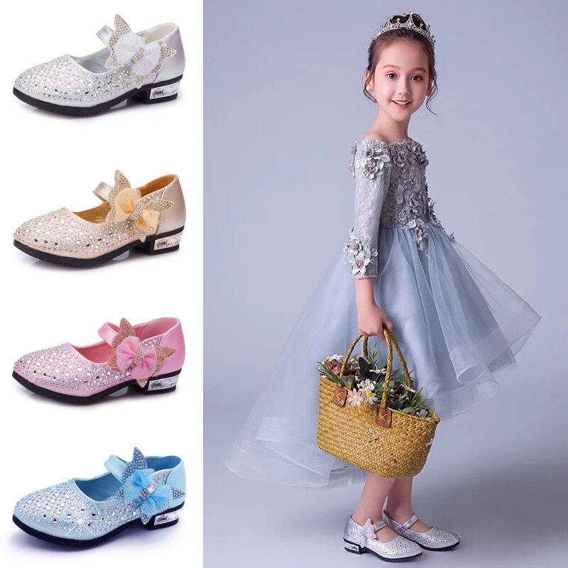 Elegant Girl's Princess Shoes Bow Children's Leather Shoes Gold/Silver/Pink/Blue Single Shoes Kids Girls Rhinestone Party Shoes