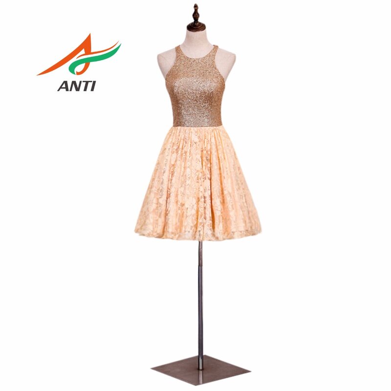 Anti Hitam A-line Gaun Prom Sendok Lengan Berpayet Prom Gaun Lace Tank Di Atas Lutut Mini Vintage Wisuda Pesta Gaun Robe