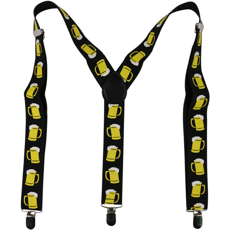 2019 Baru 3.5 Cm Hitam Kuning Bir Cangkir Print Unisex Clip-On Suspender untuk Pria dan Wanita Elastis Y -Bentuk Kembali Brace