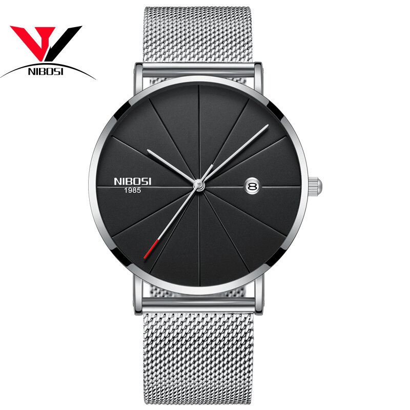 Nibosi-メンズクォーツ時計,超薄型,シンプル,ビジネス,時計,メッシュ,新品